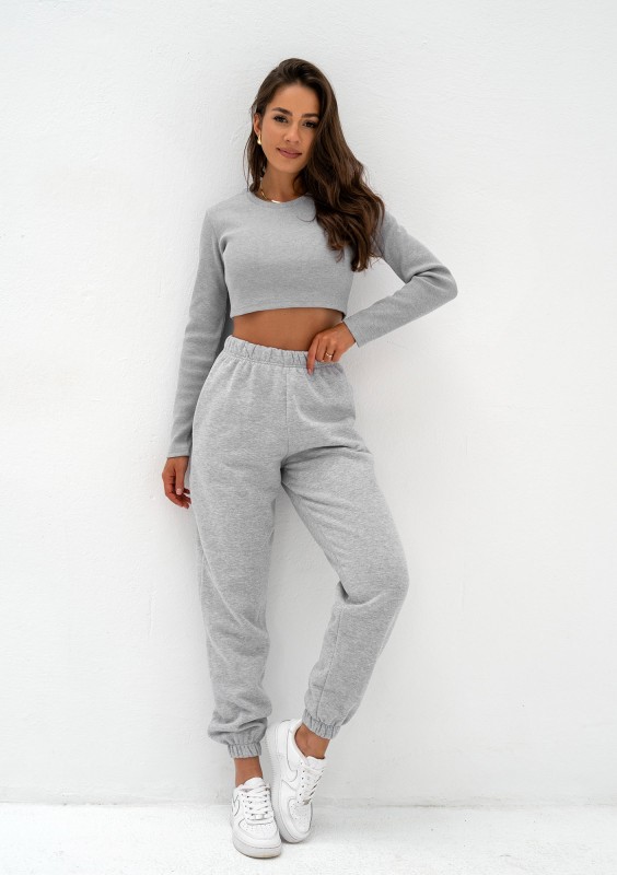 Kolee - Krótka bluzka z prążkowanej dzianiny Grey Melange