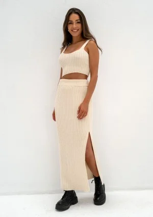 - Beige knitted maxi skirt