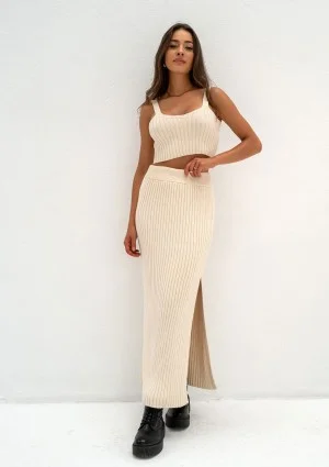 - Beige knitted maxi skirt