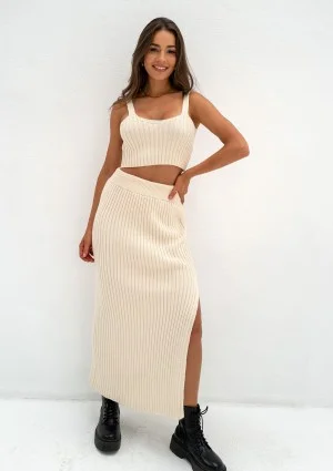 - Beige knitted maxi skirt