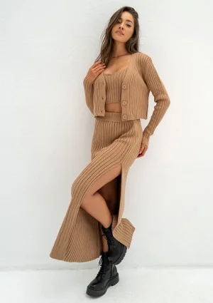 Celine - Short camel brown knitted cardigan