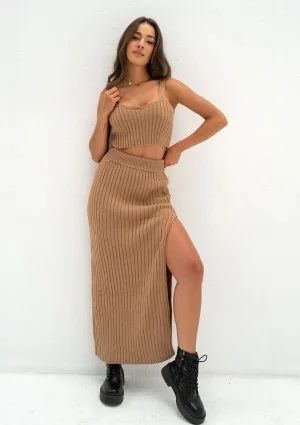 Celine - Camel brown knitted maxi skirt