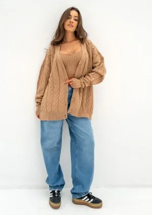 Daven - Camel brown braided oversize cardigan