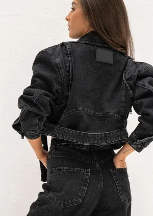 Moya - Black denim jacket with a belt