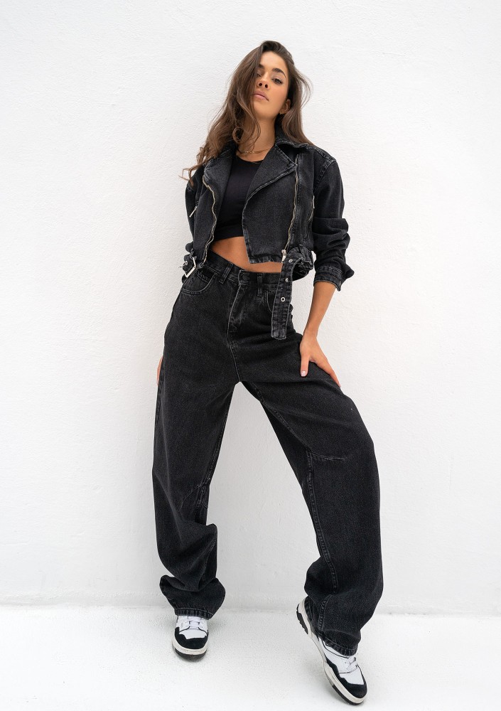 Moya - Krótka kurtka jeansowa z paskiem Black