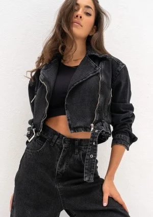 Moya - Black denim jacket with a belt