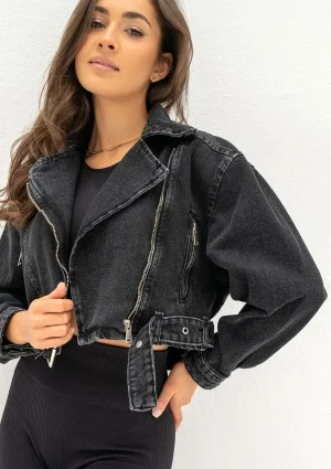 Moya - Black denim jacket with a belt