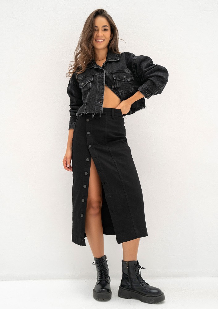 Carri - Spódnica jeansowa midi na napy Black