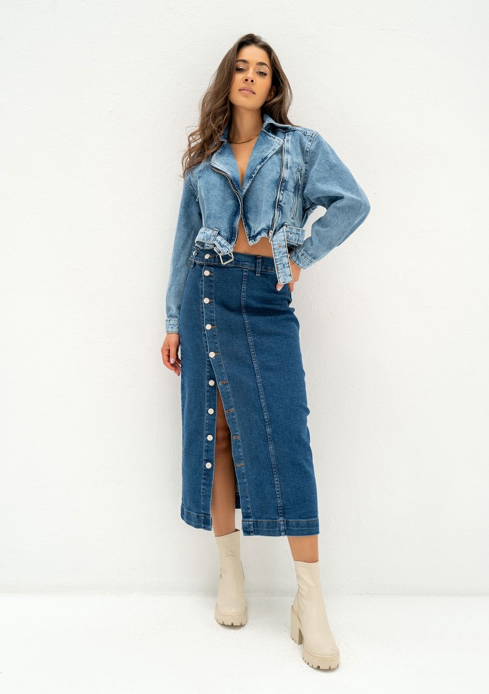 Carri - Navy blue denim midi skirt