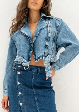 Moya - Blue denim jacket with a belt