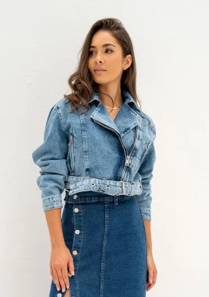 Moya - Blue denim jacket with a belt