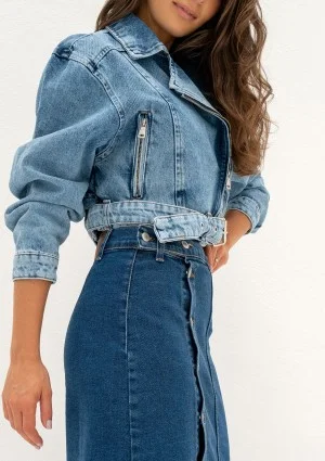 Moya - Blue denim jacket with a belt