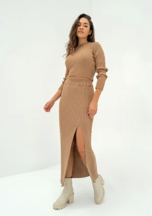 Kirry - Camel brown knitted midi skirt