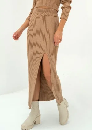 Kirry - Camel brown knitted midi skirt