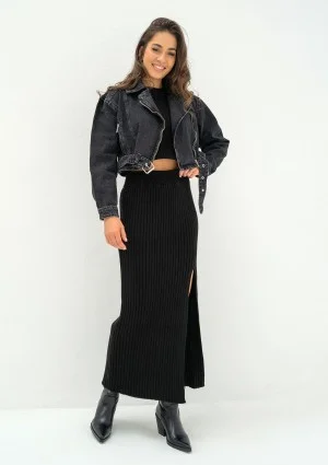 Moya - Black denim jacket with a belt