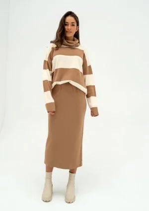 Mishy - Camel brown and ecru striped polo neck sweater