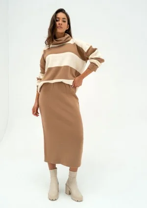 Mishy - Camel brown and ecru striped polo neck sweater