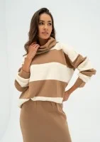 Mishy - Camel brown and ecru striped polo neck sweater