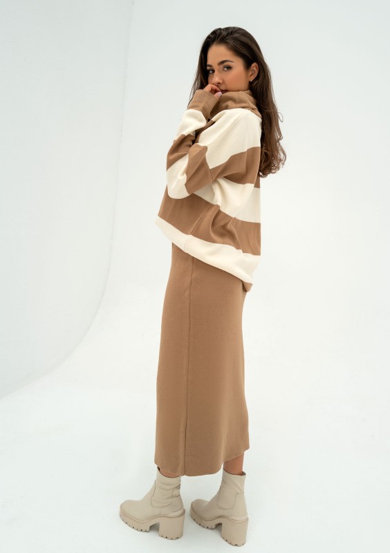 Mishy - Camel brown and ecru striped polo neck sweater