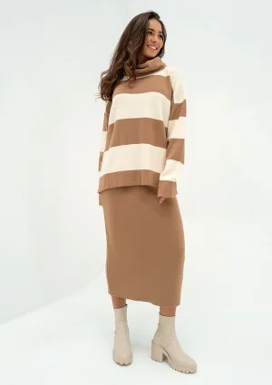 Mishy - Camel brown and ecru striped polo neck sweater