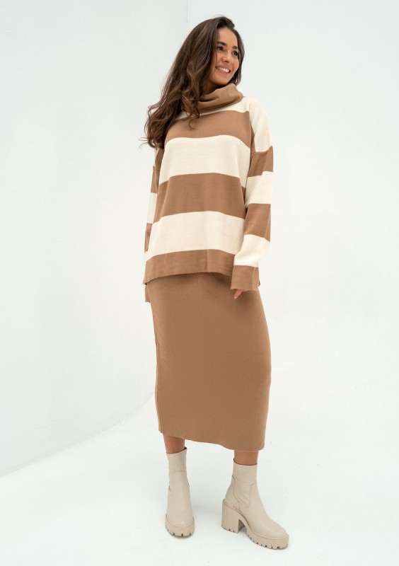 Mishy - Camel brown and ecru striped polo neck sweater