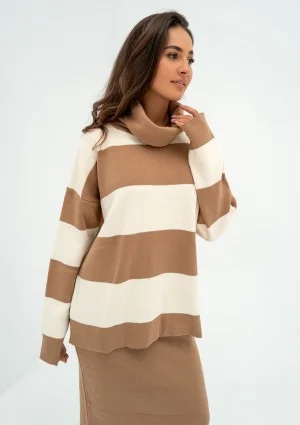 Mishy - Camel brown and ecru striped polo neck sweater