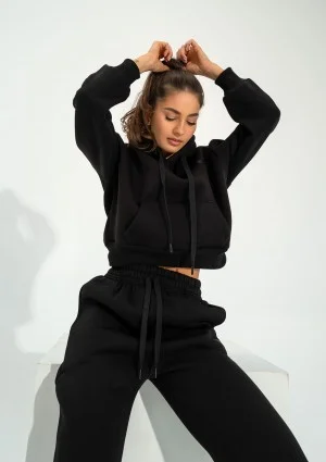 Calm - Short black hoodie with strings