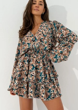 Mia - Brown frilled floral printed mini dress