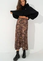 Azari - Brown midi skirt with a leopard spots print