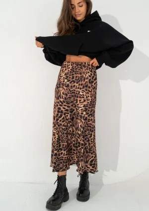 Azari - Brown midi skirt with a leopard spots print