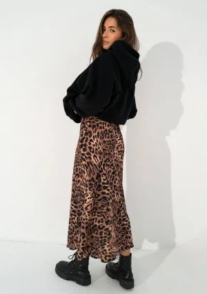 Azari - Brown midi skirt with a leopard spots print