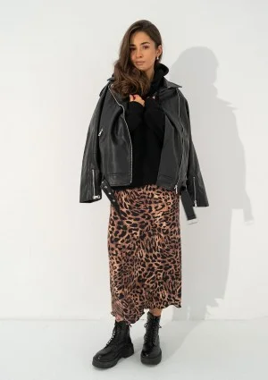 Azari - Brown midi skirt with a leopard spots print