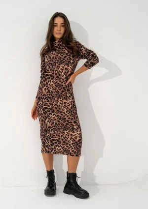 Sadie - Beige leopard spots printed midi dress