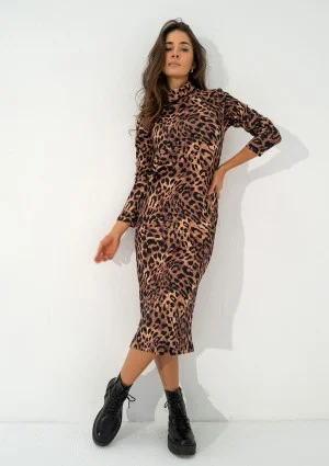 Sadie - Beige leopard spots printed midi dress