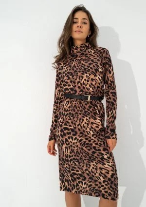 Sadie - Beige leopard spots printed midi dress