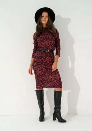 Sadie - Claret leopard spots printed midi dress