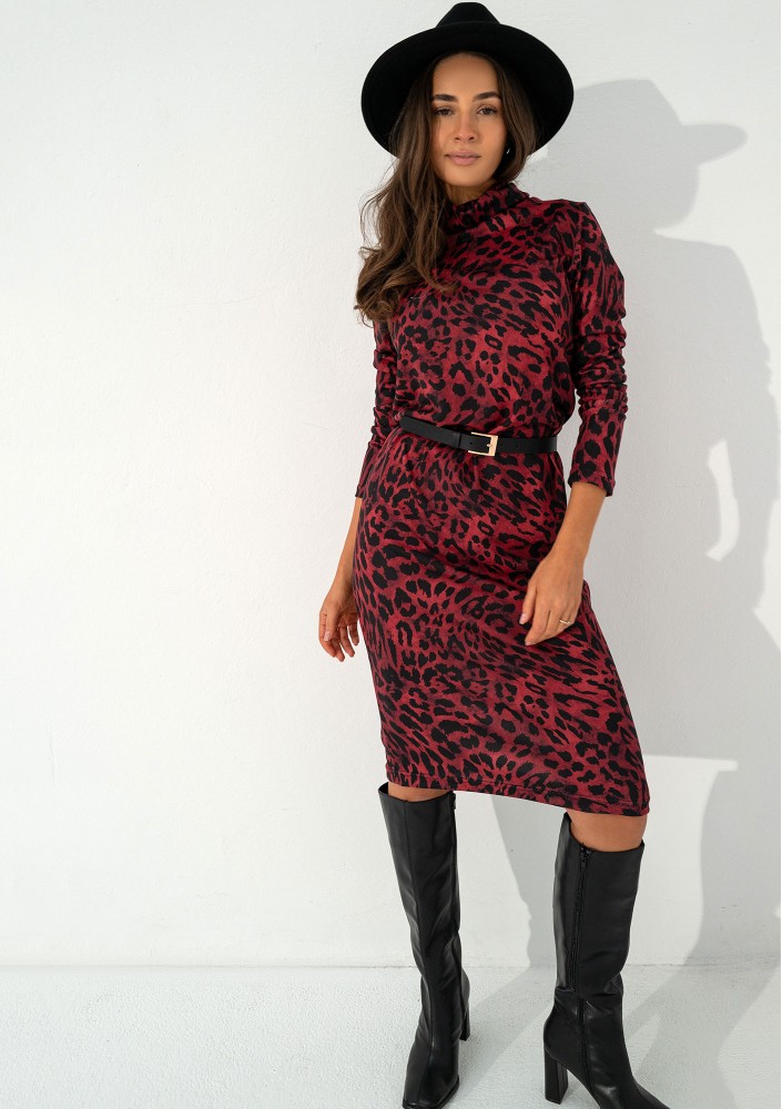 Sadie - Claret leopard spots printed midi dress