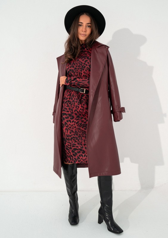 Sadie - Sukienka z golfem midi w panterkę Bordowa