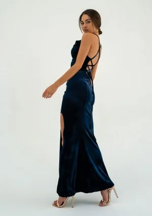 Seona - Dark blue velvet maxi strap dress