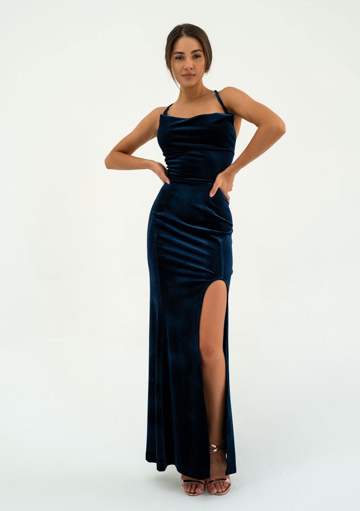 Seona - Dark blue velvet maxi strap dress