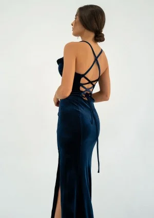 Seona - Dark blue velvet maxi strap dress