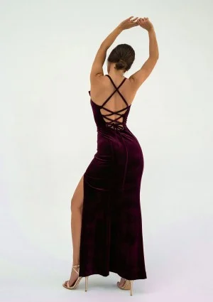 Seona - Claret velvet maxi strap dress