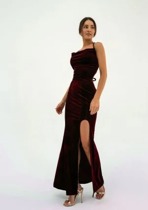 Seona - Claret velvet maxi strap dress