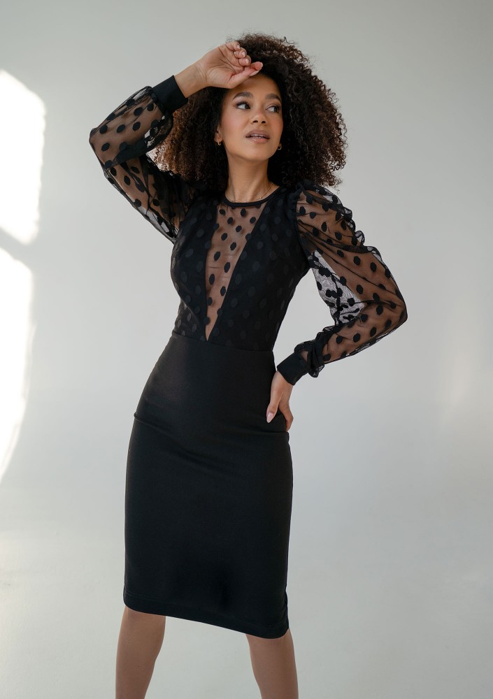 Solage - Black midi dress with netting sleeves