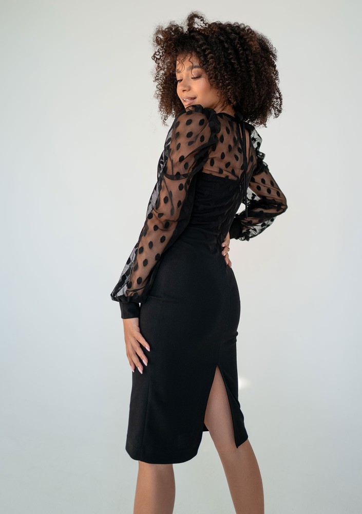 Solage - Black midi dress with netting sleeves