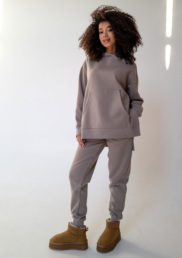 Simply - Długa bluza z kapturem Simply Taupe