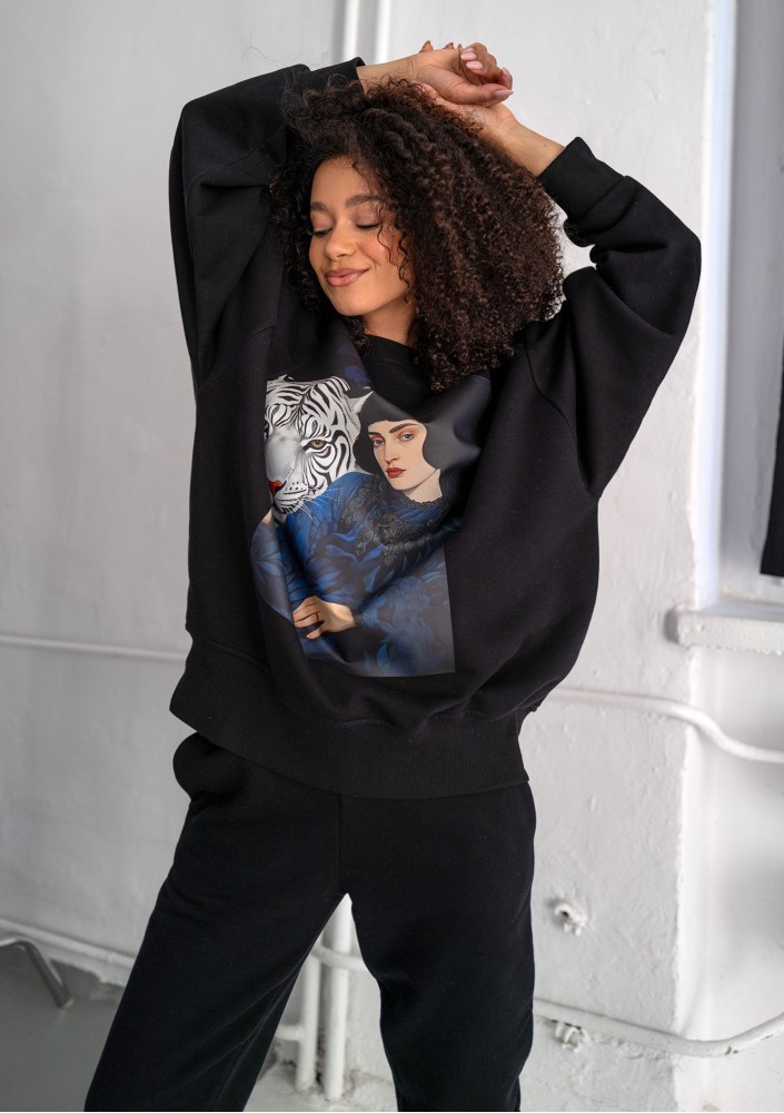 Whey - Bluza z grafiką "Dziewczyna z białym tygrysem" Black