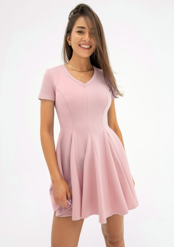 Lila - Rozkloszowana sukienka mini z dekoltem V Pudrowa