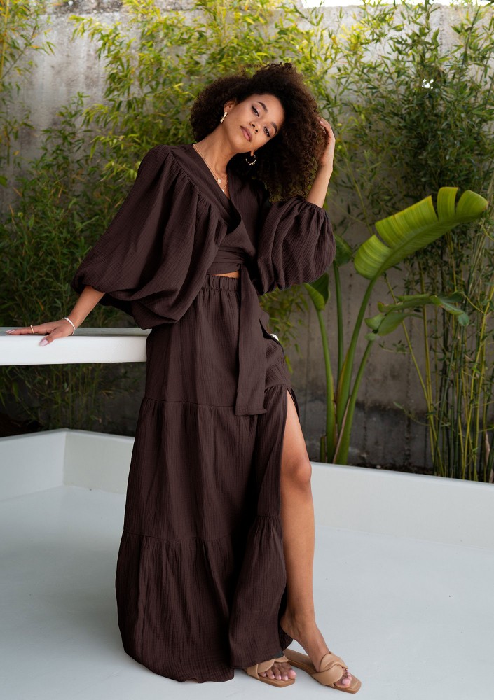 Capri - Chocolate brown muslin wrap shirt