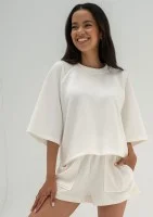 Jess - Bluza z dzianiny soft z krótkim rękawem Ecru